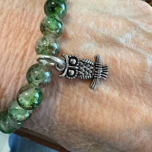 Owl Green Beaded Bracelet with Silver Owl Charm